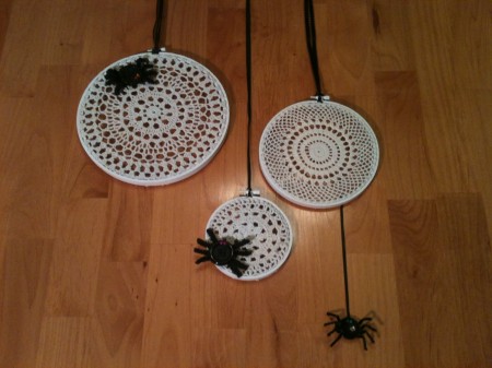 Halloween Crafts: Doily Spiderwebs with Button Spiders Wall Decor