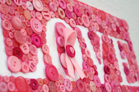 Pink Ribbon Button Art Love Plaque by Jen Goode