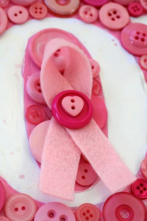 Pink Ribbon Button Art Love Plaque by Jen Goode