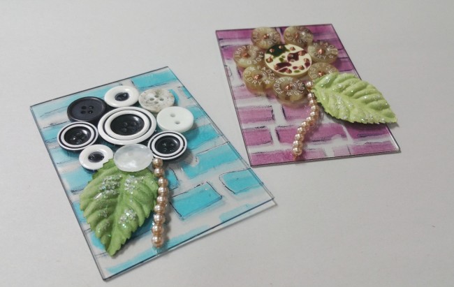 ATC cards with fun button flowers by Candy Rosenberg on acrylic ATC cards