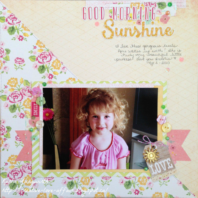 Sunshine scrapbook layout using 28 Lilac Lane embellishment by Karla Yungwirth