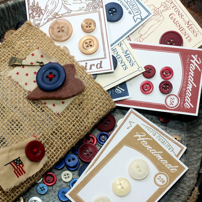 faux vintage button cards with tote